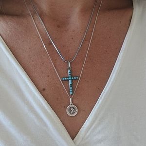 Silver Cross necklace with turquoise stones